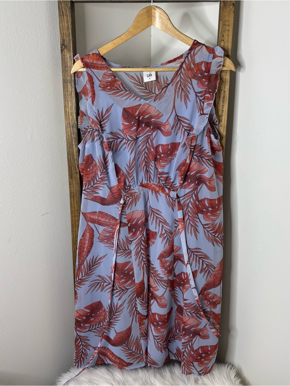 CAbi #5381 Lavender Sleeveless Dress with Rust Leaf Print Size M